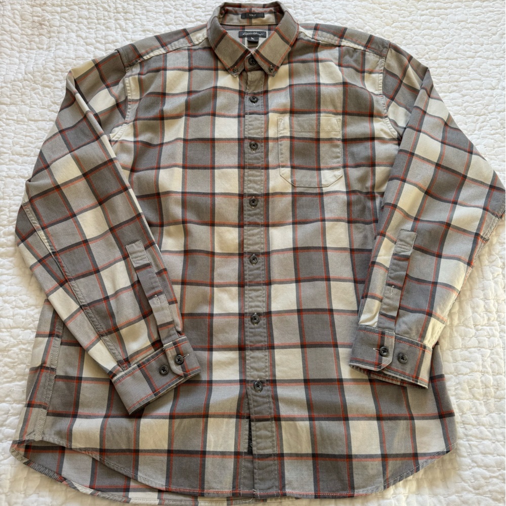 Eddie Bauer Gray, Orange, and cream Plaid Shirt